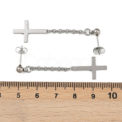 Christian Upside Down Cross 201 Stainless Steel Dangle Stud Earrings LS-EJEW-P314-01B-P-1