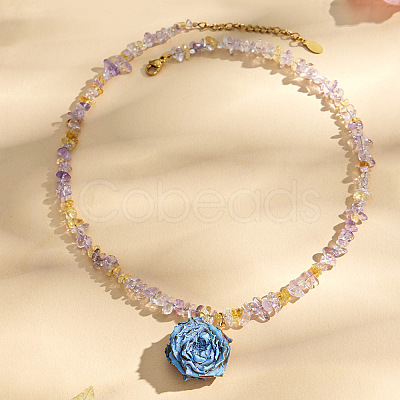 Resin Dried Flower Pendant Natural Amethyst Chip Beaded Necklaces for Women WG04FC4-01-1