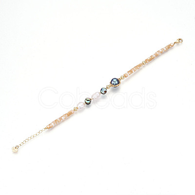 Natural Abalone Shell & Freshwater Pearl & Shell Bead Bracelets BJEW-N031-03G-1