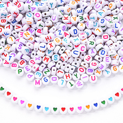 1 Bag 1200Pcs Opaque Acrylic Flat Round with Letter & Heart Beads DIY-YW0002-32-1