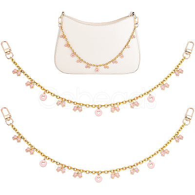 2Pcs Alloy Enamel Pink Bowknot Tassel 304 Stainless Steel Cable Chain Bag Decorative Chains AJEW-BBC0001-03-1