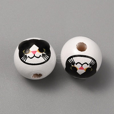 Printed Cat Wood European Beads WOOD-TAC0011-35B-1