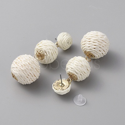 Raffia Grass Round Ball Dangle Stud Earrings EJEW-WH0009-73B-1