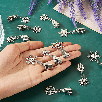 18Pcs 9 Styles Alloy Replacement Zipper Head with Snowflake Tibetan Style Alloy Pendants PALLOY-TAC0158-1