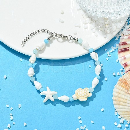 Natural Trumpet Shell & Dyed Yellow Jade & Glass & Synthetic Turquoise Beaded Bracelets for Women BJEW-JB14106-1