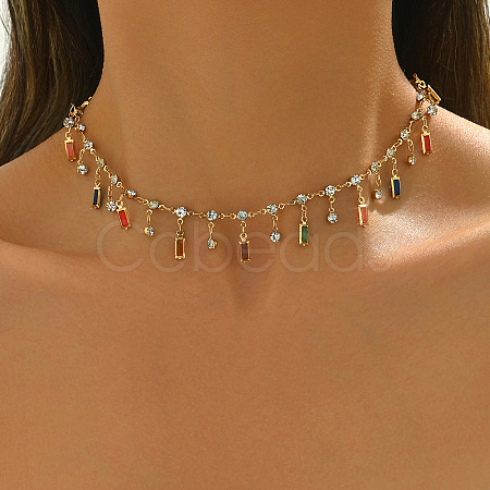 Brass Colorful Rhinestone Rainbow Rectangle Tassel Choker Necklaces for Women WG894E5-01-1
