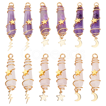 12Pcs 6 Styles Natural Amethyst & Rose Quartz Pointed Copper Wire Wrapped Faceted Bullet Big Pendants PALLOY-FH00151-1