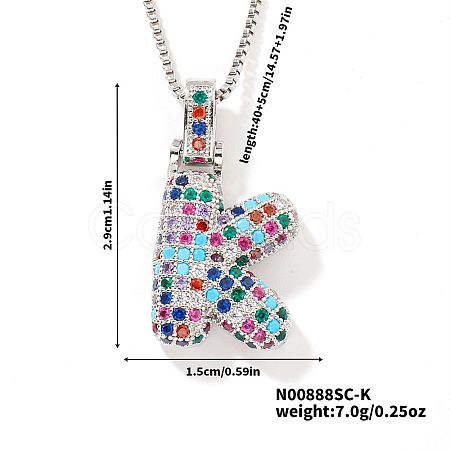 Brass Pave Colorful Cubic Zirconia Letter Pendant Box Chain Necklaces NU0575-37-1