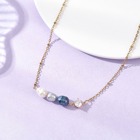 Dyed Natural Cultured Freshwater Pearl Potato & Glass Beaded Pendant 304 Stainless Steel Satellite Chain Necklaces for Women NJEW-JN05937-01-1