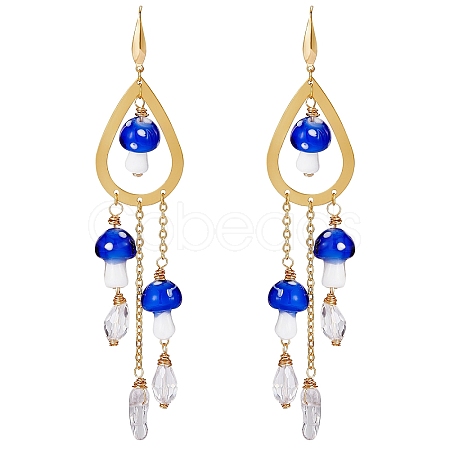 Natural Quartz Crystal Teardrop & Lampwork Mushroom Chandelier Earrings EJEW-SW00018-01-1