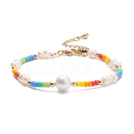 Shell Pearl & Glass Seed Beaded Bracelet with Brass Tiny Teardrop Charm for Women BJEW-TA00081-1