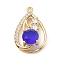 Brass with K9 Glass & Rhinestone Pendants, Light Gold, Teardrop Charms, Sapphire, 25x15.5x6mm, Hole: 1.6mm