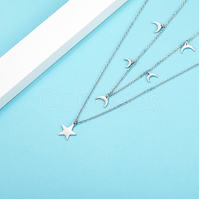 Elegant Double-layer 304 Stainless Steel Moon Star Pendant Necklaces for Women LZ1319-2-1
