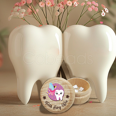 Round Beech Wooden 3D Engraved My First Tooth Fairy Box CON-WH0120-001-1