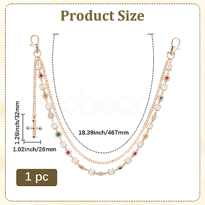 1Pc Alloy Colorful Rhinestone Flower & Plastic Pearl Link Chain Double Layer Pants Chains with Cross Charms AJEW-GF0012-75-1
