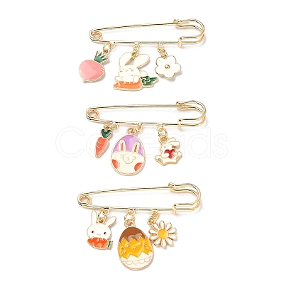 3Pcs 3 Style Easter Rabbit & Carrot & Egg Alloy Enamel Charms Safety Pin Brooches JEWB-TA00014-1