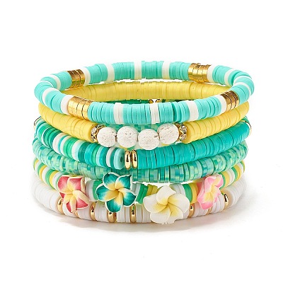6Pcs 6 Style Natural Lava Rock & Polymer Clay Heishi Surfer Stretch Bracelets Set BJEW-SZ0002-24-1