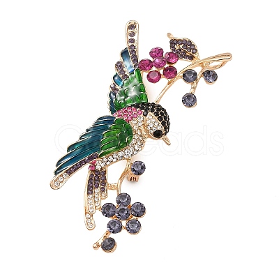 Hummingbird & Flower Alloy Rhinestone Pins JEWB-B038-03G-1