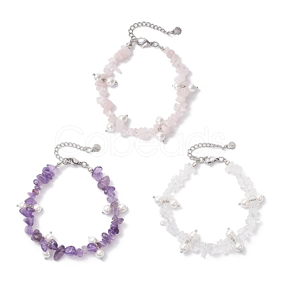 3Pcs Natural Mixed Gemstone Chip & Glass Shell Round Beaded Bracelets BJEW-JB12303-1