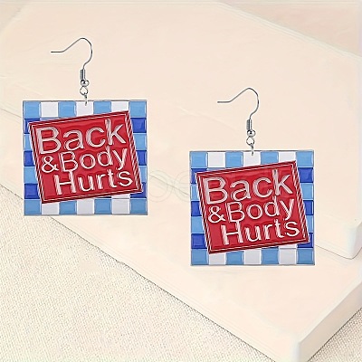Square with Word Back & Body Hurts Acrylic Dangle Earrings FS-WGDBEE3-01-1