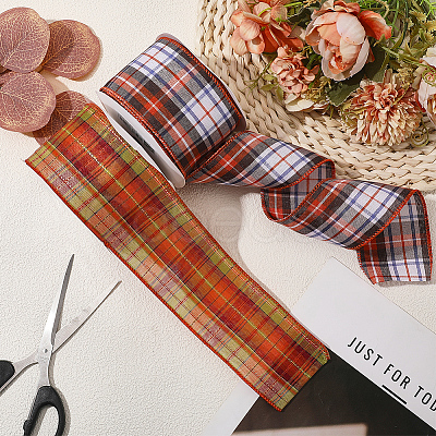 2 Rolls 2 Colors Tartan Pattern Polyester Ribbon OCOR-GF0005-36-1