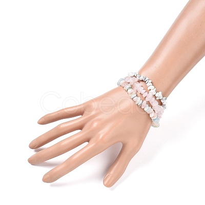 Chips Natural Rose Quartz & Morganite & Howlite Beaded Stretch Bracelets Sets BJEW-JB05332-04-1