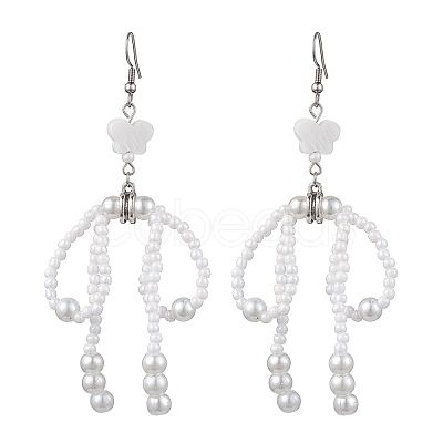 Bowknot with Star Natural Shell & Glass Seed Dangle Earring EJEW-MZ00123-1