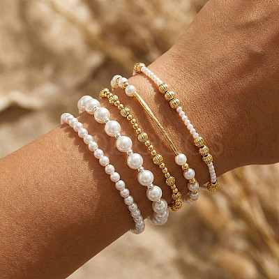 5Pcs 5 Styles Brass & Imitation Pearl Round Beads Stretch Bracelets QX7837-1-1