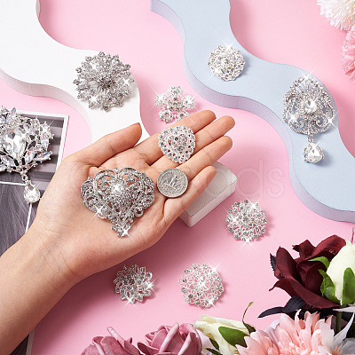 10Pcs 10 Styles Flower & Heart & Teardrop Crystal Rhinestone Brooches Set JEWB-BY0001-04-1