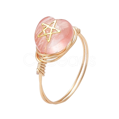 Brass & Cherry Quartz Rose Quartz Natural Red Rainbow Jasper Finger Rings for Women RJEW-JR00872-1