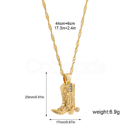 304 Stainless Steel Micro Pave Clear Cubic Zirconia Embossed Cowboy Boot Pendant Necklaces FS-WGF88B1-01-1