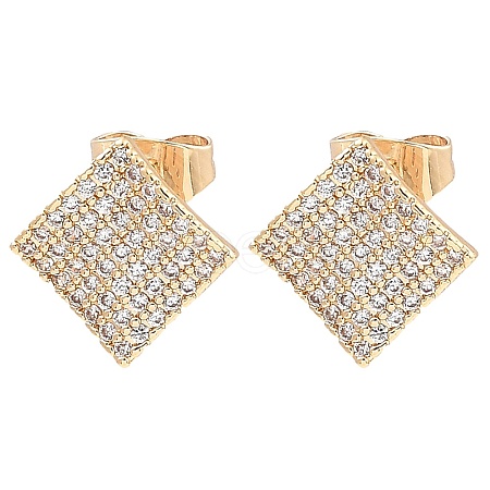 Brass Micro Pave Clear Cubic Zirconia Rhombus Stud Earrings for Women EJEW-G362-09KCG-1