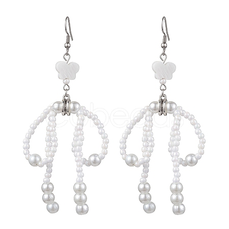 Bowknot with Star Natural Shell & Glass Seed Dangle Earring EJEW-MZ00123-1