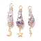 3Pcs 3 Styles Electroplated Natural Quartz Crystal Copper Wire Wrapped Pendants, TearDrop Charms with Golden Tone Alloy Moon & Star & Sun & Lightning Bolt, Lilac, 44.5~48.5x8~10.5x6.5~13mm, Hole: 4mm, about 1pc/style