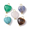 5Pcs Mixed Gemstone Heart Charms, Natural Tiger Eye & Blue Spot Jasper & Rose Quartz & Malaysia Jade, Synthetic Turquoise, with Golden Tone Copper Wire Loops, 14.5x10x5mm, Hole: 2.3mm, 5pcs/set