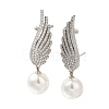Rack Plating Feather Brass Micro Pave Clear Cubic Zirconia Stud Earrings EJEW-H016-12P-1