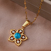 Vintage 304 Stainless Steel & Synthetic Turquoise Flower Pendant Necklaces with Crystal Rhinestone for Women LS-RQ4537-2