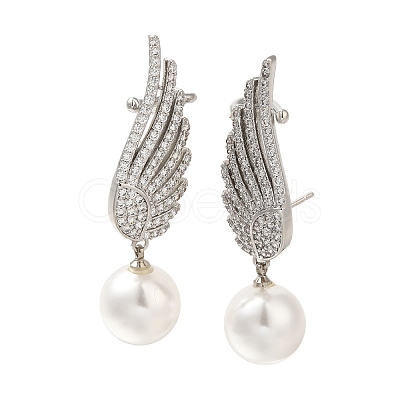 Rack Plating Feather Brass Micro Pave Clear Cubic Zirconia Stud Earrings EJEW-H016-12P-1