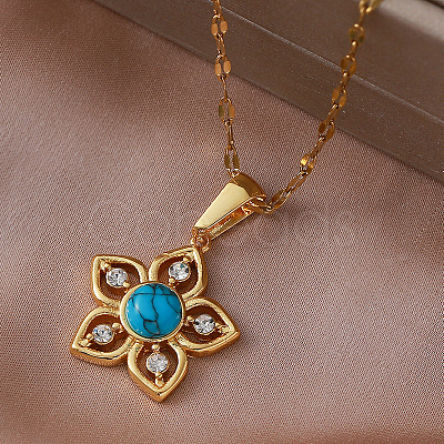 Vintage 304 Stainless Steel & Synthetic Turquoise Flower Pendant Necklaces with Crystal Rhinestone for Women LS-RQ4537-1