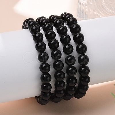 Natural Obsidian Beaded Stretch Bracelets X-BJEW-Q692-12-8mm-1