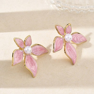 304 Stainless Steel Enamel & ABS Plastic Pearl Stud Earrings for Women SA-CBA2696-28G-01-1