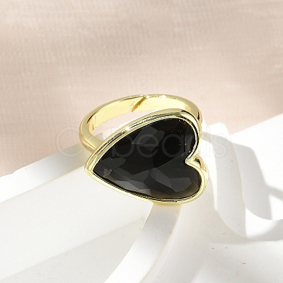 Heart Brass Natural Obsidian Finger Rings RJEW-D304-01G-G-1