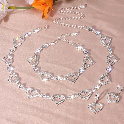 Heart Alloy Crystal Rhinestone Link Chain Necklace & Hoop Earring & Bracelets Sets FS-WG0CDC6-01-1-1