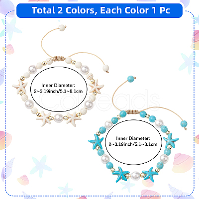 2Pcs 2 Colors Adjustable Dyed Synthetic Turquoise & Shell Pearl Braided Bead Bracelets BJEW-PA0001-04-1