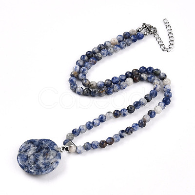 Natural Blue Spot Jasper 4.5mm Round Beaded Flower Pendant Necklaces NJEW-T016-04D-1