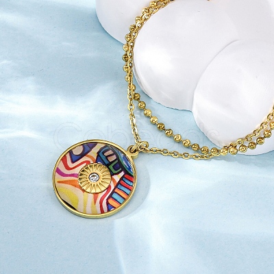 304 Stainless Steel & Plastic Colorful Flat Round Pendant Double Layer Necklaces for Women NJEW-U032-05G-1