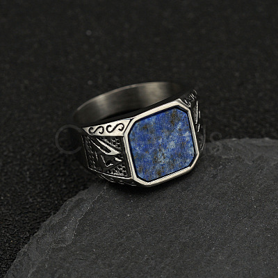 304 Stainless Steel with Natural Lapis Lazuli Finger Rings FS-WG06E27-27-1