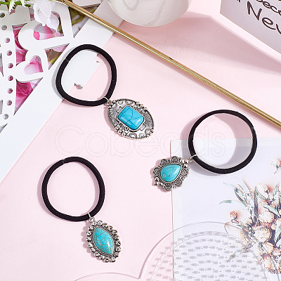 3Pcs 3 Styles Rubber & Synthetic Turquoise Elastic Hair Accessories AJEW-CY0001-75-1