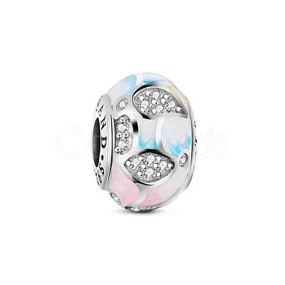 TINYSAND Pink Petal Glitter Rondelle Rhodium Plated 925 Sterling Silver European Beads TS-C-018-1