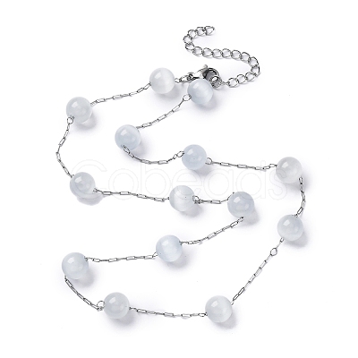 304 Stainless Steel Cat Eye Round Beads Handmade Chain Necklaces for Women NJEW-C073-01P-06-1